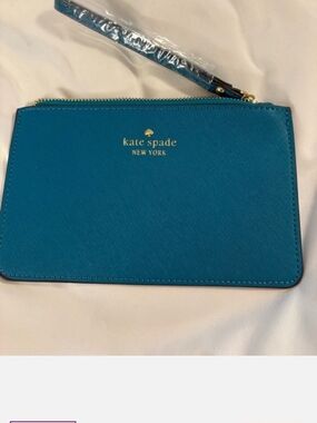 kate spade Teal Leather Wristlet with Gold Logo